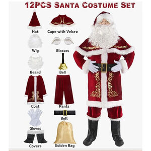 Santa Costume Set 12pcs Deluxe Velvet SIZE XL Gold Embellishments
